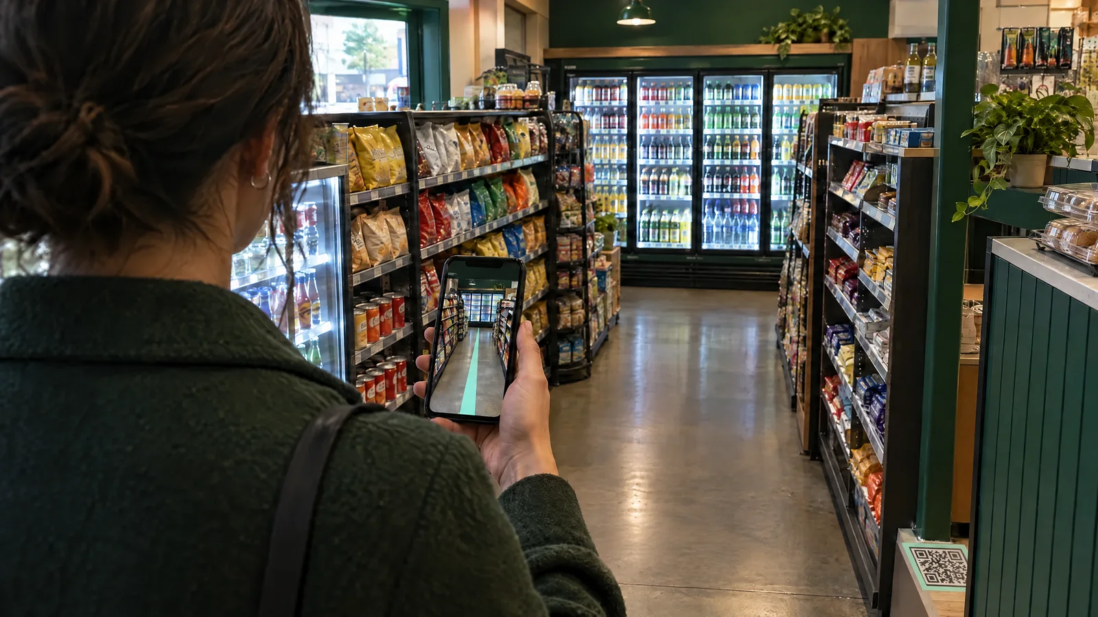Dépanneur : un client suit la ligne sur son téléphone jusqu’au produit.