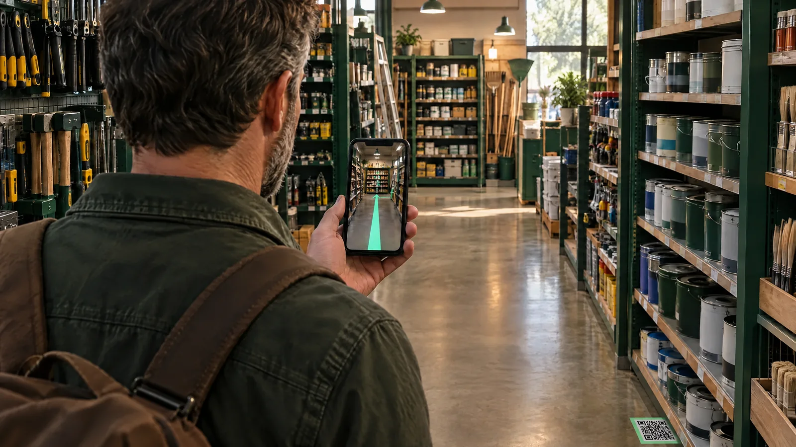Quincaillerie : un client suit la ligne sur son téléphone jusqu’au produit.