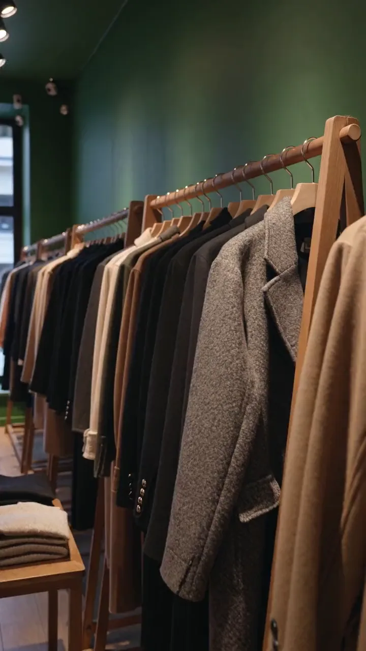 Boutique de vêtements, manteaux de laine sur portants