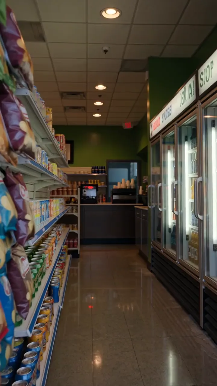 Allée d’un dépanneur au crépuscule, frigos allumés