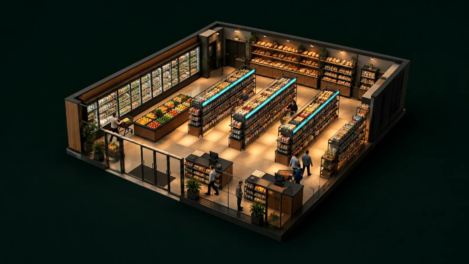 Le magasin miniature vu d’en haut : les allées, la présence au sol en ambre et les rayons actifs en turquoise.