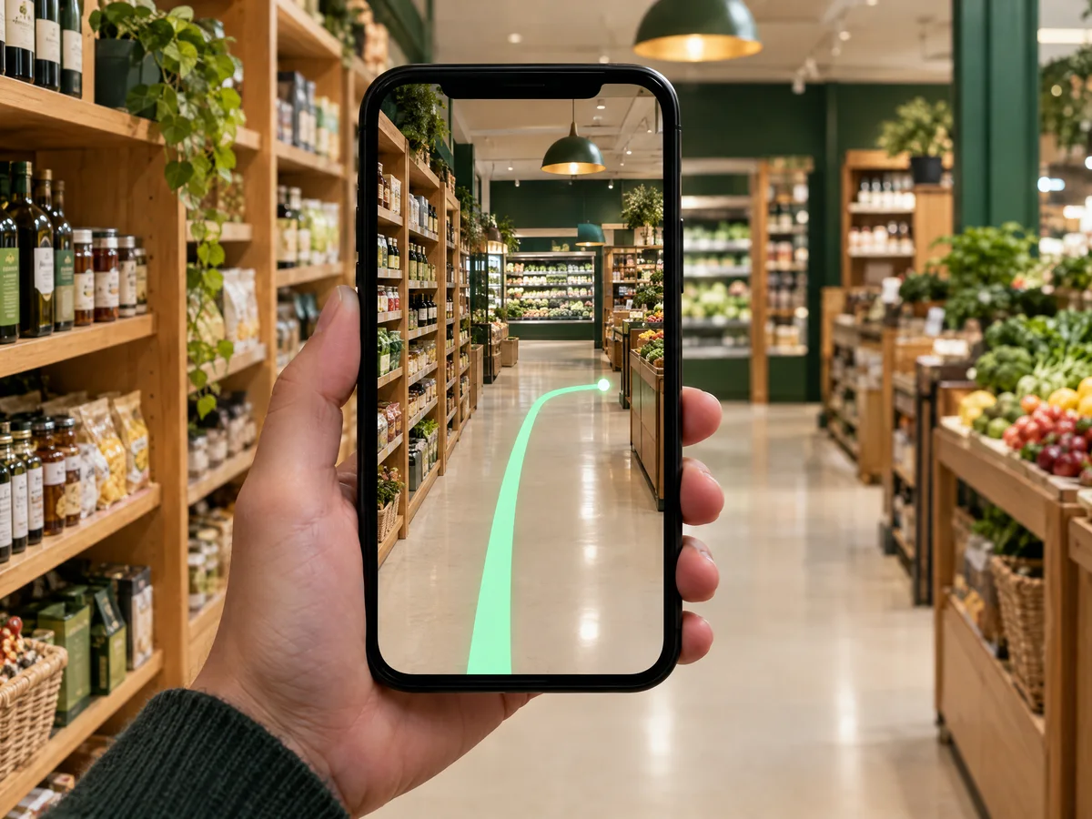 Un téléphone montre l’allée avec une ligne verte tracée jusqu’au produit.
