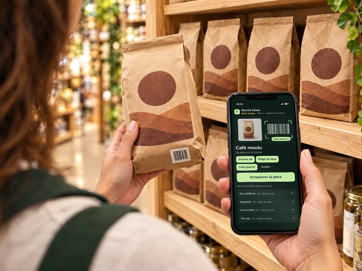 Une commise tient un sac de café devant la tablette et son téléphone : l’écran affiche le produit, sa section et son étage, avec un bouton « Enregistrer la place ».