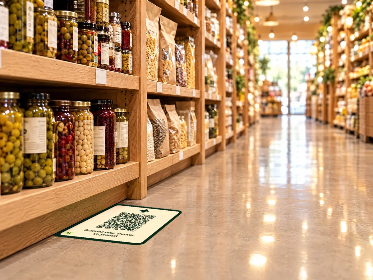 Un collant QR « Scannez pour trouver un produit » posé au sol, au pied d’une étagère, au début d’une allée d’épicerie.